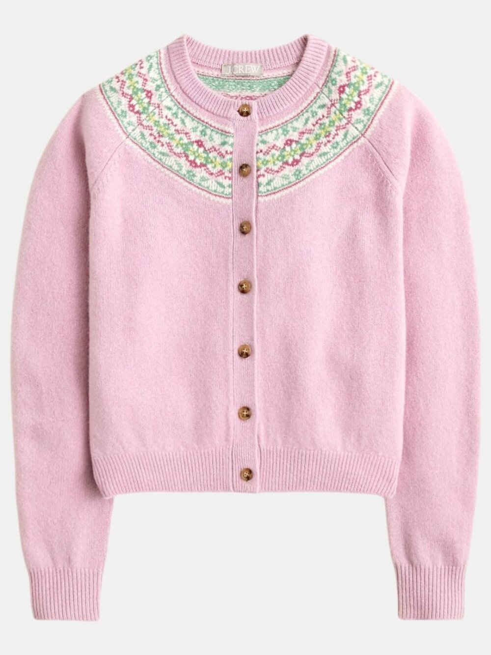 NWT J.CREW CLASSIC FAIR ISLE CARDIGAN VINTAGE WOOL PINK SIZE L